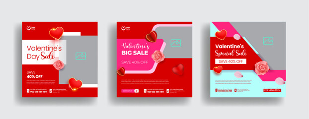 Social media posts for Valentine's Day sale banner or square flyer design pack template. 14th february love ads. suitable for social media square banner, poster,  website banner bundle collection