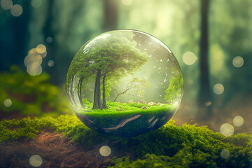 苔生す森に置かれた透明な球体（Generative AI）