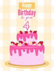 Bright cheerful birthday card invitation with a cake for children or teenagers for 4 year. For girls and boys. Suitable for print, postcards, poster.