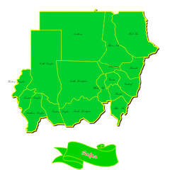 Vector map of Sudan with subregions in green country name in red