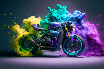 Abstract Colorful motorcycle. CafeRacer. CafeFighter. Smokey tyres. Created by Generative AI.