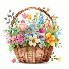 Cute watercolor basket with spring flowers. AI Generative Vector
