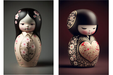 japanese kokeshi dolls isolated, Valentine hearts, generative art 
