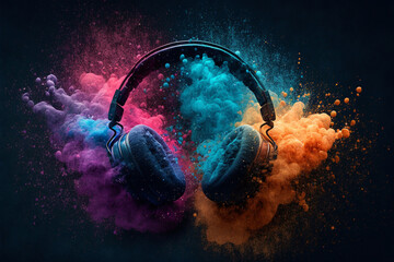 Headphone and  vivid color powder. Creative music and festival concept. Generative Ai.  - obrazy, fototapety, plakaty