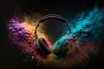 Headphone and  vivid color powder. Creative music and festival concept. Generative Ai.  - obrazy, fototapety, plakaty