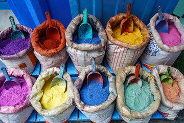 North Africa. Morocco. Chefchaouen. Powdered pigments in bags