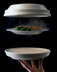 A plate of food steaming hot after being cooked