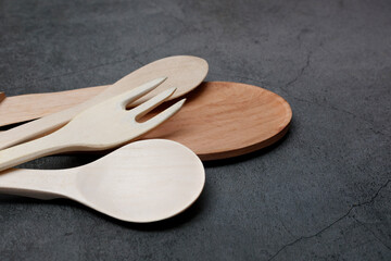 Wooden fork, spoon, spatula. wooden kitchen utensils
