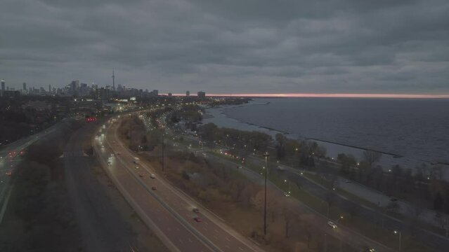 Aerial cinematic downtown Toronto lakeshore monring 2