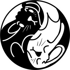 Vector drawing of black and white rabbits depicted as an yin-yang symbol. On white background, isolated. For New Year 2023. And Chinese New Year 