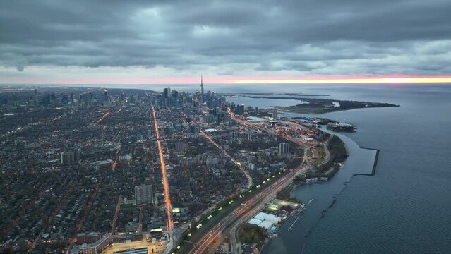 Aerial cinematic downtown Toronto lakeshore monring 4