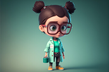 Young cartoon woman with glasses and green color coat standing confident. AI generative