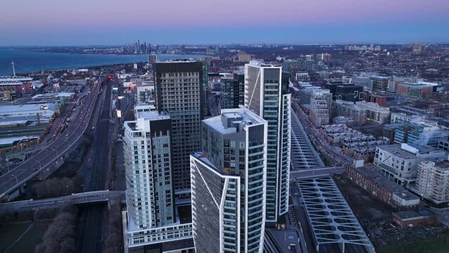 Aerial cinematic downtown Toronto liberty village sunrise 3