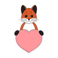 Cute fox with a heart. Postcard for Valentine's Day. Element for the design of prints, posters, stickers, postcards. Vector illustration on white background