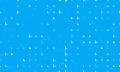 Seamless background pattern of evenly spaced white coffee beans symbols of different sizes and opacity. Vector illustration on light blue background with stars