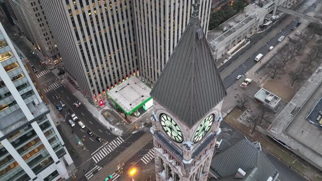 Aerial cinematic downtown Toronto old City Hall monring 2