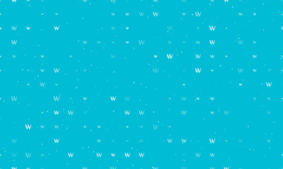 Seamless background pattern of evenly spaced white Korean won signs of different sizes and opacity. Vector illustration on cyan background with stars