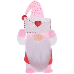Gnome holds a congratulatory letter for Valentine's Day.