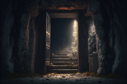 At the foot of the ancient stone steps, a dark, unsettling basement door is open. Generative AI
