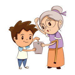 Child help old lady mobile learning