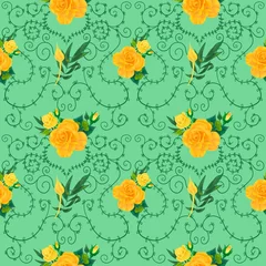  seamless floral pattern. print with yellow roses on a green background with monograms © Алена Дурыничева