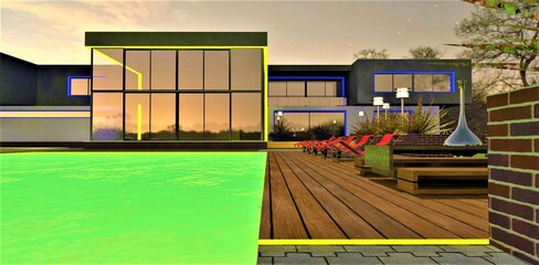 Wooden terrace with night lights and comfortable furniture near the glowing pool in front of the stylish country house. Yellow and blue illumination of the estate. 3d rendering.
