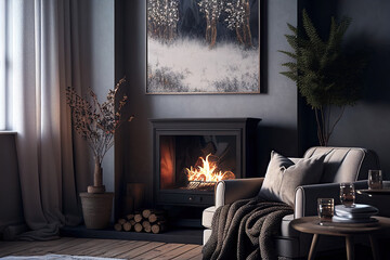 Cosy living room interior design idea with fireplace, winter architecture, Generative AI
