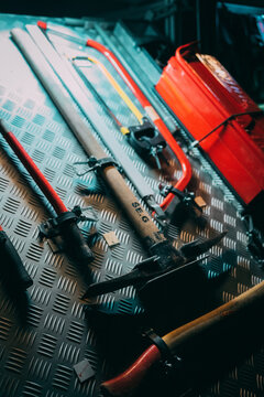 Firefighters tools in a firetruck