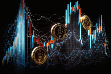 Bitcoins gold coins with stick graph chart and digital background.