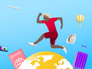 Traveling around the world. Happy male running on the world with suitcase, hat, balloon, camera, passport and plane isolated on blue sky background. Illustration 3D content lifestyle travel concept