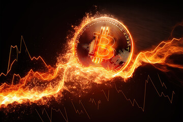 Golden bitcoin coin in fire with trading stock chart background