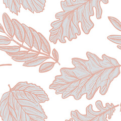 Seamless pattern autumn leaves. Oak and ashberry leaves background. Repeated engraving design texture for printing, fabric, wrapping paper, fashion, interior, wallpaper, tissue. Vector illustration.