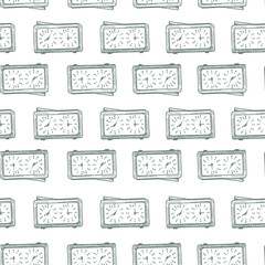 Chess clock engraved seamless pattern. Retro watch for chess game in hand drawn style. Sketch texture for fabric, wallpaper, textile, print, title, wrapping paper. Vector illustration.