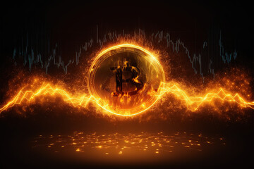 Golden bitcoin coin in fire with trading stock chart background