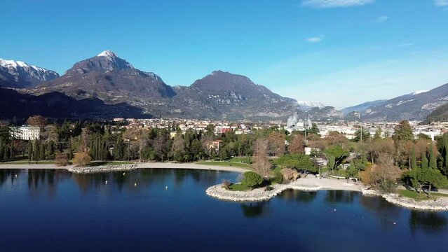 Drone shot of Riva del Garda. Torbole, Lake Garda, Italy