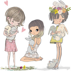 cute cartoon lovely girls with little hares