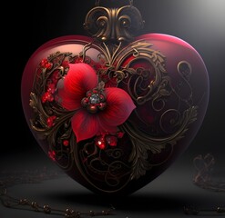 Digital painting representing a red and bronze heart pendant or decoration with abstract floral decoration, art illustration, beautiful decorative object, gift and symbol of love and affection