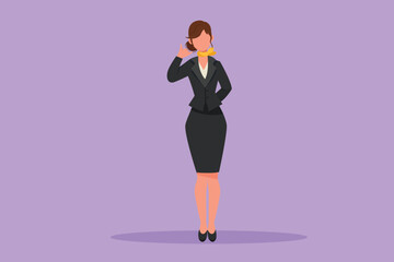 Character flat drawing beautiful flight attendant standing in uniform with call me gesture prepare at airport for flying and serves passengers to their destination. Cartoon design vector illustration