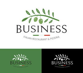 Italian Restaurant and Pizzeria Logo with Mediterranean Olive Tree Branch