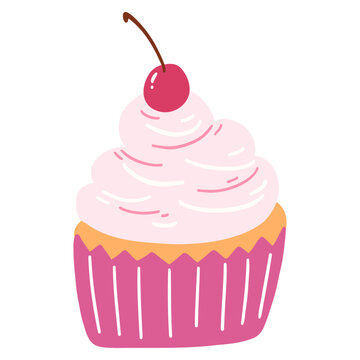 Hand drawn delicious cupcake in cartoon style. Vector illustration of sweets, dessert, pastries