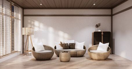 Muji Sofa armchair on Living room empty japandi style.