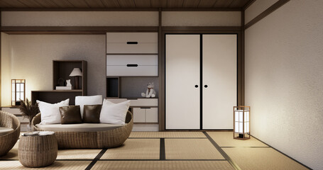 Muji Sofa armchair on Living room empty japandi style.