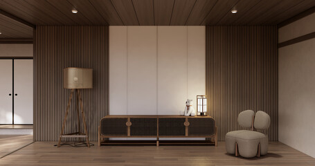 Cabinet wooden japandi design on living room muji style empty wall background.