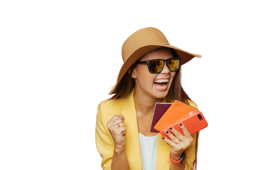 Young girl with broad smile in straw hat, yellow jacket happy that she is going to travel, holding passport and smartphone. Travel people concept. Excited Italian girl against transparent background.