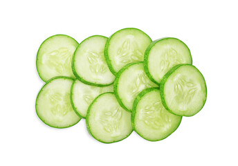 Slices of cucumber isolated on white background. Top view