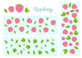 Set of different patterns of pink raspberries, green leaves on a blue background