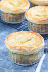 Individual beef pot pies or deep dish pies in ramekin and on cooling rack, vertical