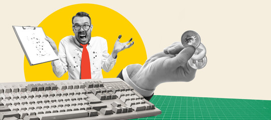 Contemporary art collage. Conceptual design. Crazy emotive businessman developing strategy to grow money on cryptography