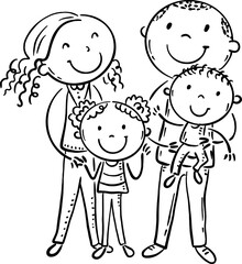 Happy family with children standing together, portrait of young family of four, outline cartoon vector illustration