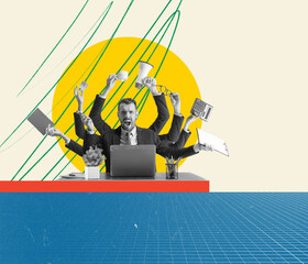 Contemporary art collage. Conceptual design. Businessman with multiple hands working. Chaos and collapse at work. Deadlines